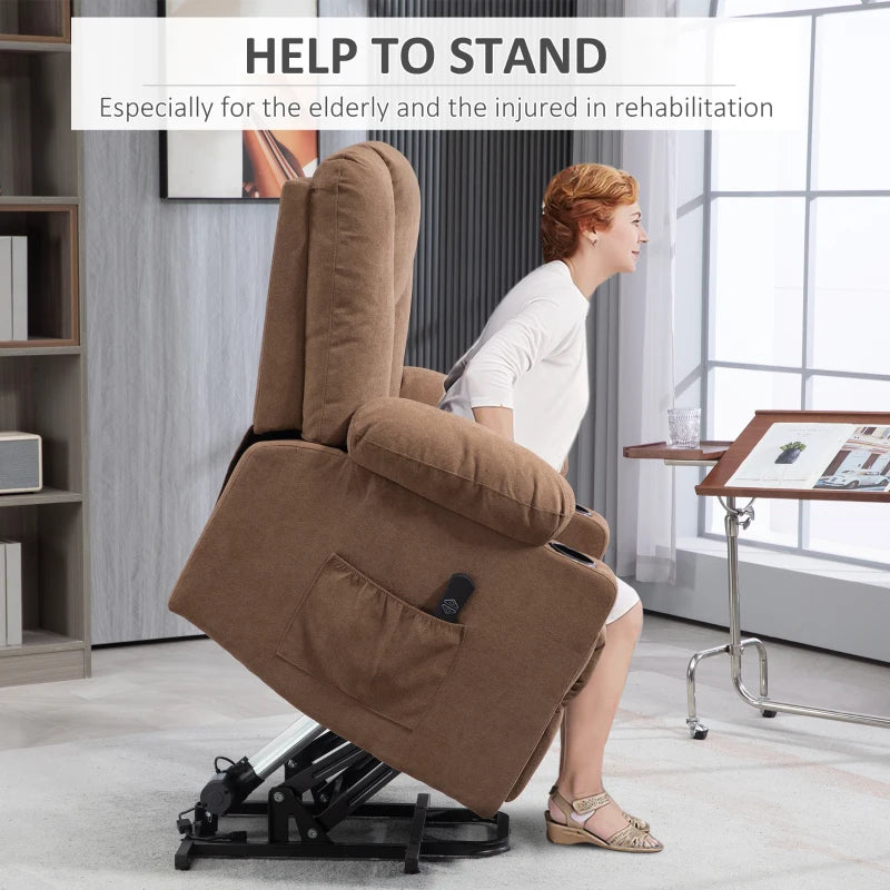 Brown Fabric Upholstered Elderly Lift Chair with Remote Control