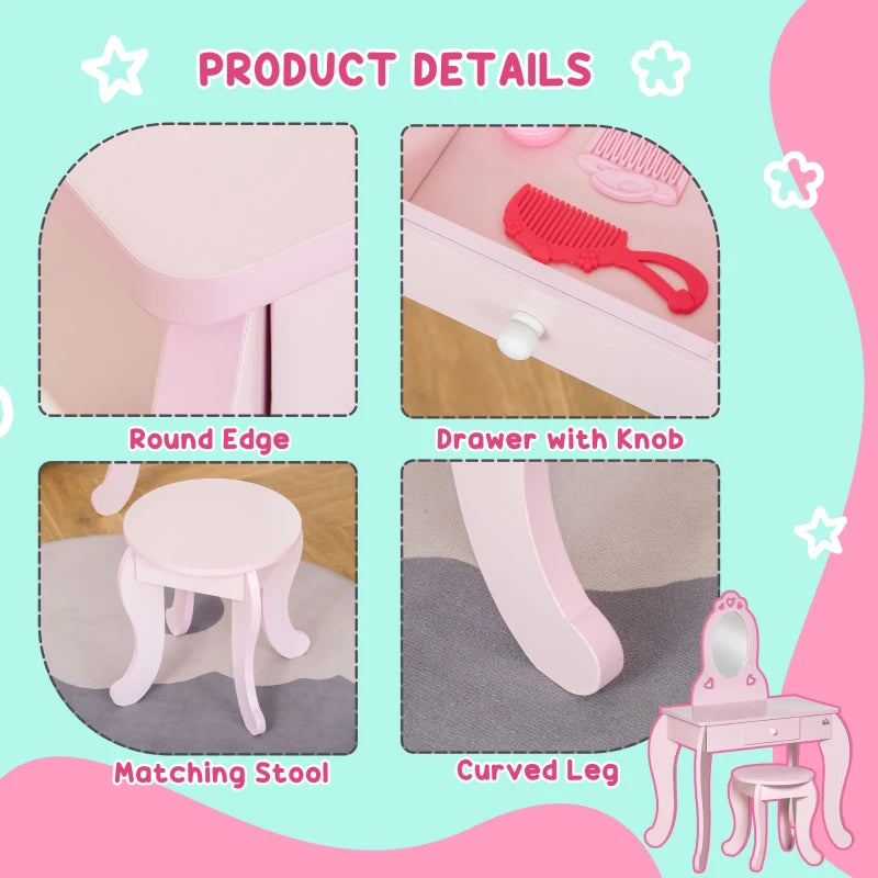 Kids Pink Vanity Table & Stool Set with Mirror - Dressing Play Desk