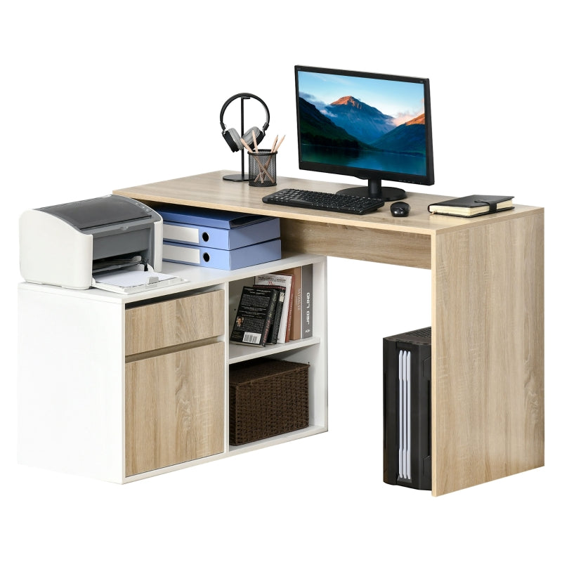 Oak and White L-Shaped Corner Computer Desk with Storage Drawer