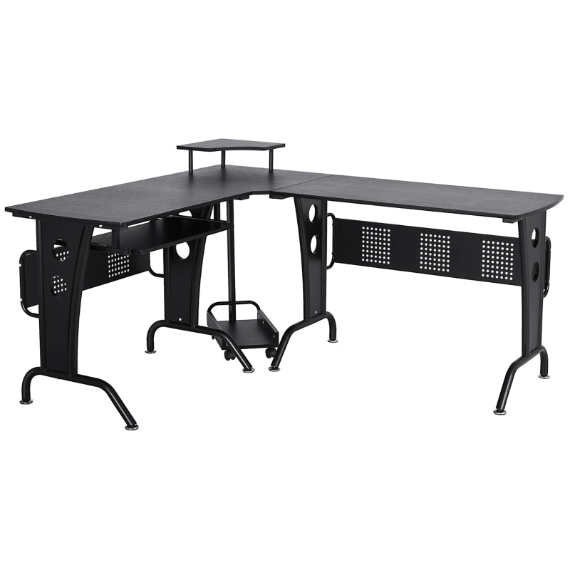 Black L-Shaped Gaming Desk with Steel Frame and CPU Rack