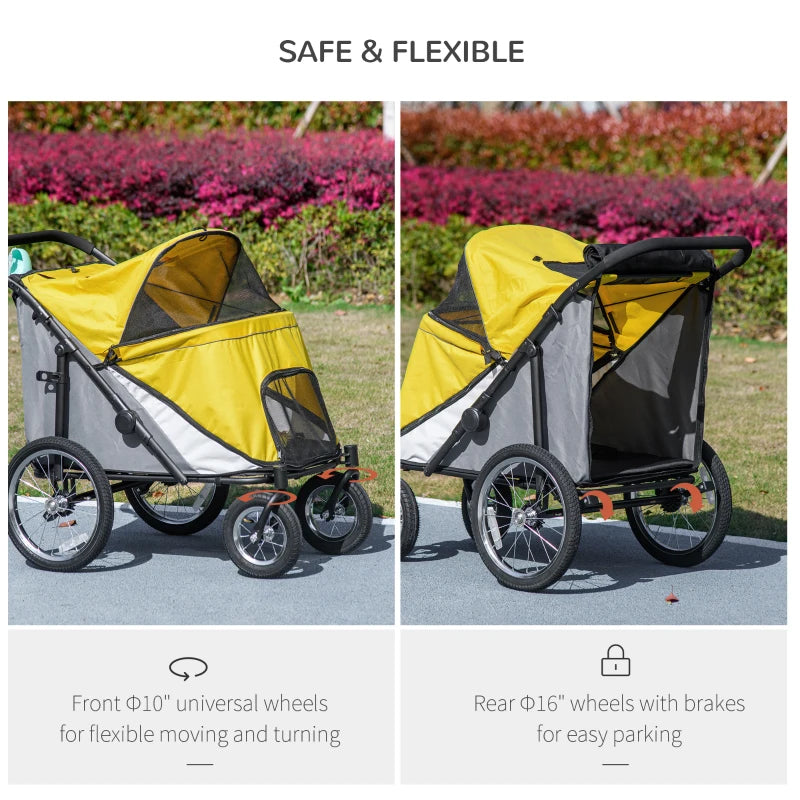 Yellow Foldable Pet Stroller with Washable Cushion & Storage Bags