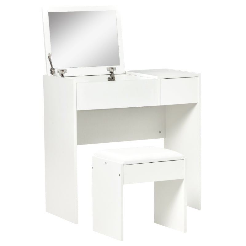 White Makeup Vanity Set with Mirror, Drawer, and Stool