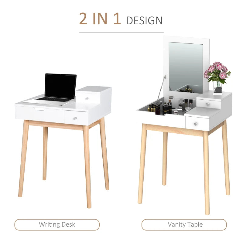 White Flip-Up Mirror Dressing Table Desk with 2 Drawers