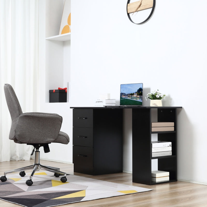 Black Computer Desk with Storage Shelves and Drawers