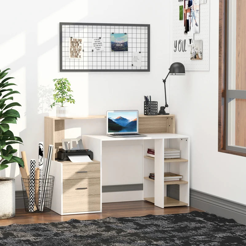 Oak and White Computer Desk with Drawers and Storage Shelves