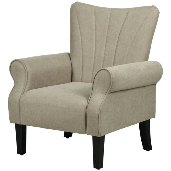 Beige Upholstered Accent Chair with High Back and Rolled Arms
