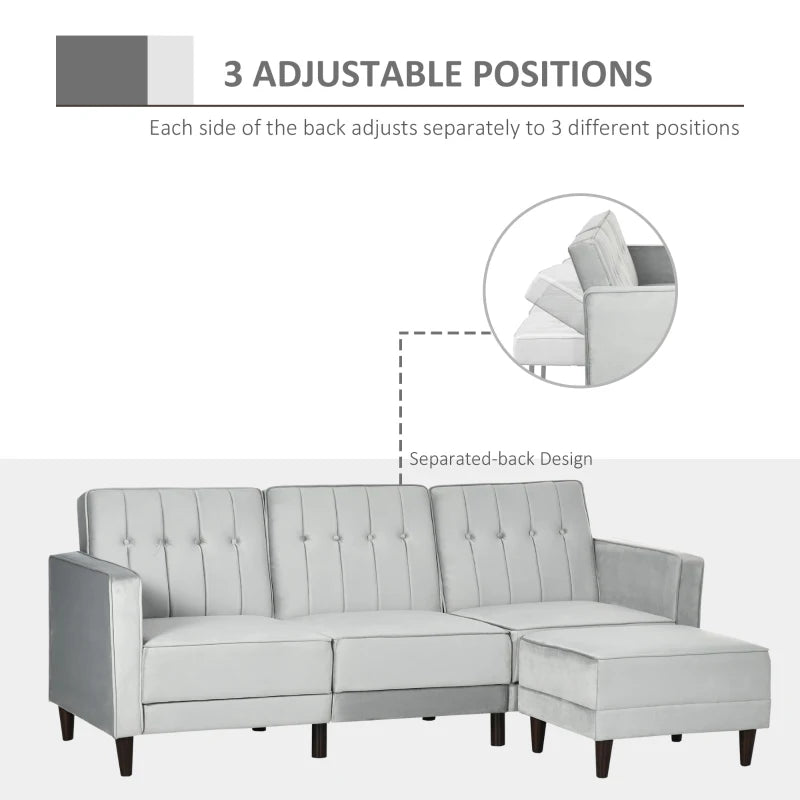 Light Grey L-Shaped Sofa Bed Set with 3-Seater Sofa and Footstool