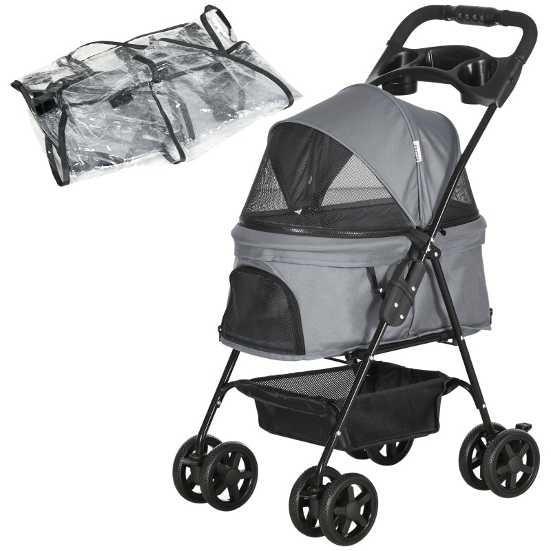 Grey Dog Stroller with Rain Cover, One-Click Fold, EVA Wheels, Safety Leash - Small Dog Pushchair