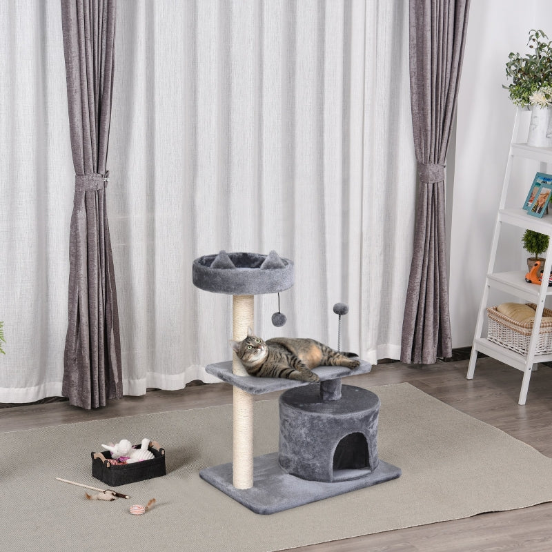 Grey Cat Tree Condo with Scratching Post and Perch, 60x40x81 cm