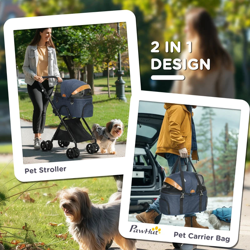 Blue Pet Stroller with Canopy and Storage Basket