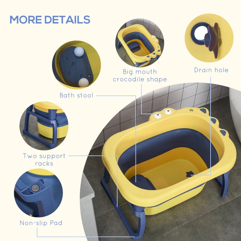 Yellow Collapsible Baby Bathtub with Stool Seat - 0-6 Years