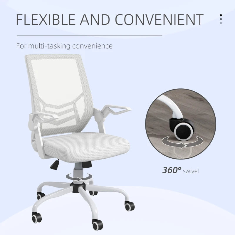 White Mesh Office Chair with Flip-up Armrests and Lumbar Support