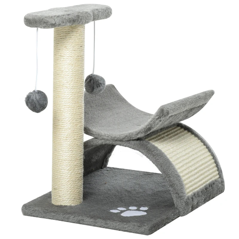 Grey Cat Tree with Rotating Top Bar, Scratching Post, Tunnel & Balls