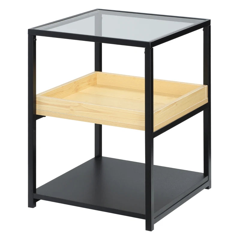 Black Glass 3-Tier Side Table with Storage Shelves