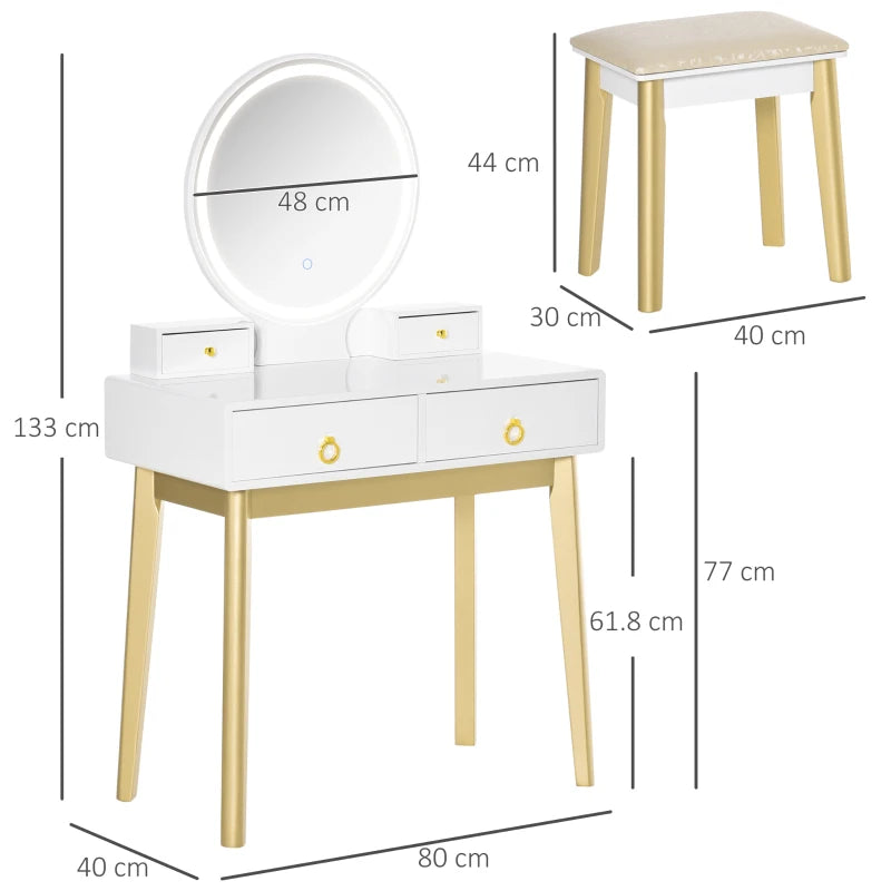 White LED Vanity Dressing Table Set with Mirror, 4 Drawers & Stool