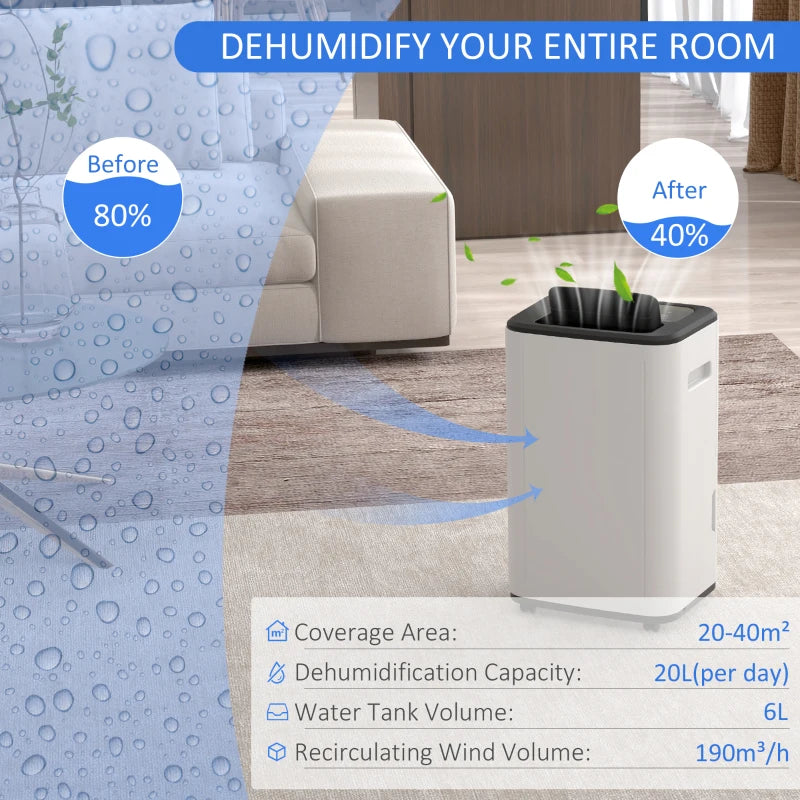 6000mL Portable Dehumidifier - 3 Modes, 24H Timer, 20L/Day - White