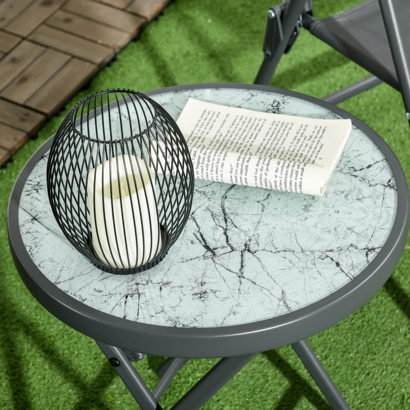 White Round Outdoor Folding Patio Table with Imitation Marble Glass Top