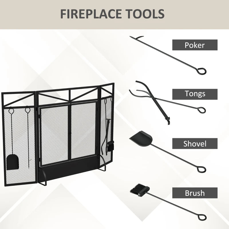 Black 3-Panel Folding Fire Screen with Tool Set and Doors, Freestanding Spark Guard for Fireplace, 122x77 cm