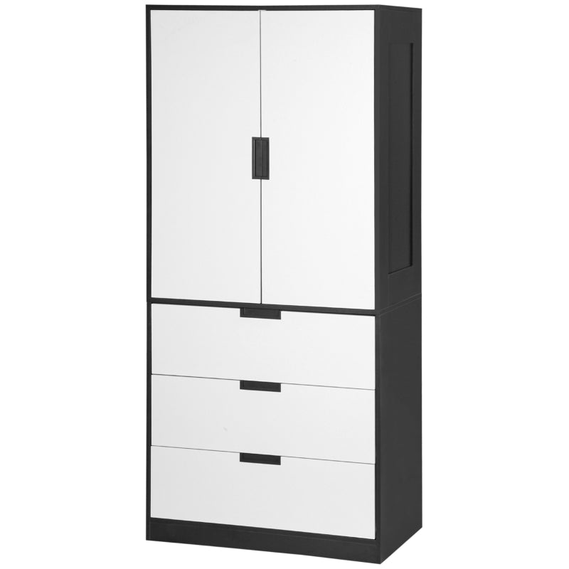 Black Modern 2-Door Wardrobe with 3 Drawers and Hanging Rod