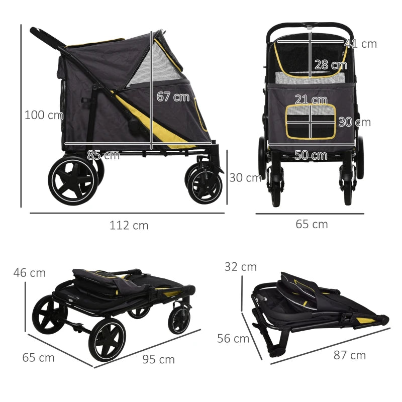 Grey Foldable Pet Stroller with Universal Wheels for Medium and Large Dogs