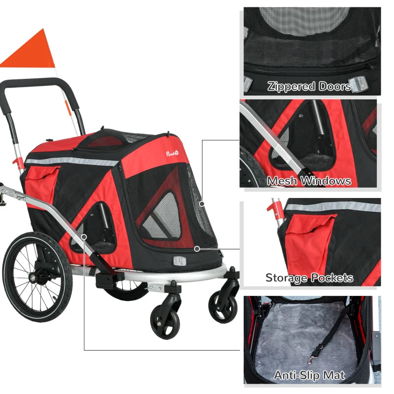 Red 2-in-1 Aluminium Dog Bike Trailer & Pet Stroller for Medium Dogs