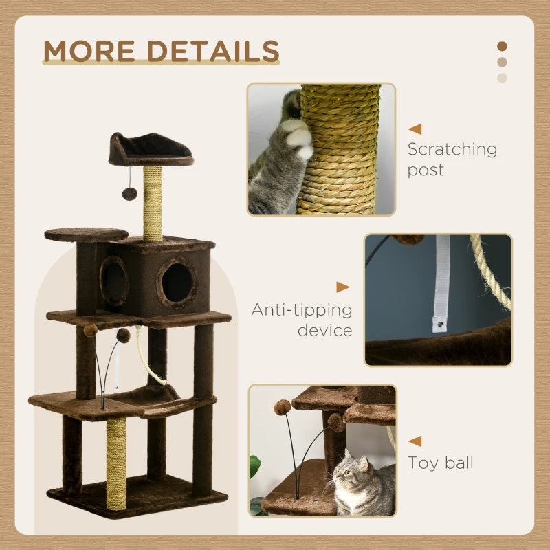 Modern Brown Cat Tree with Scratching Posts and Toy Ball