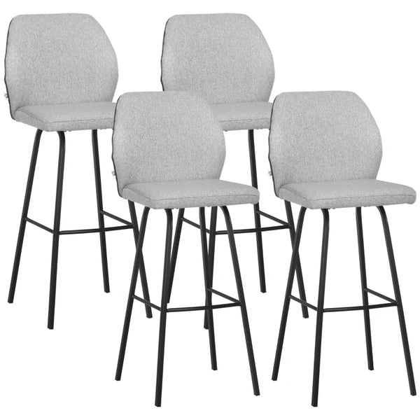 Set of 4 Light Grey Upholstered Bar Stools with Backs and Steel Legs