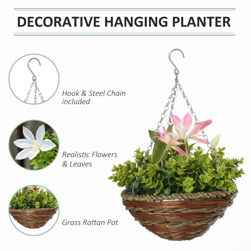 Set of 2 Purple Artificial Clematis Hanging Planters