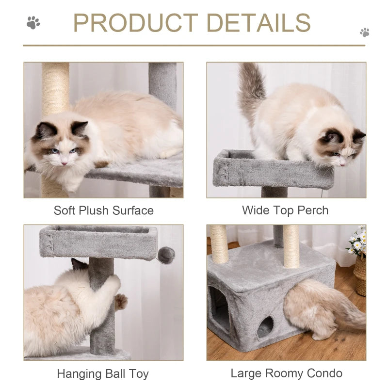 Grey 4-Level Cat Tree Tower with Scratching Post and Perches