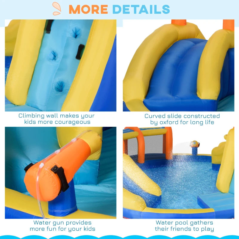 6-in-1 Kids Inflatable Bouncy Castle with Slide, Pool, Water Gun, Climbing Wall - Blue