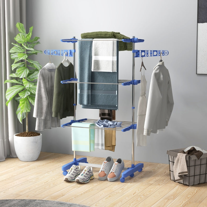 Blue Folding Clothes Drying Rack with Side Arms and Wheels