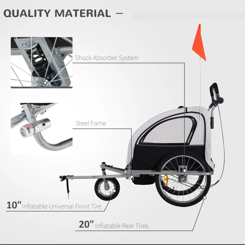 2-Seater Bike Trailer Baby Child Carrier Steel Frame Black White