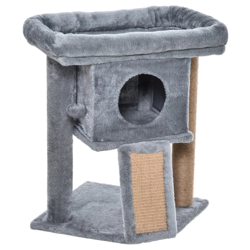 Grey Cat Tree Tower with Scratching Post and Toy Ball