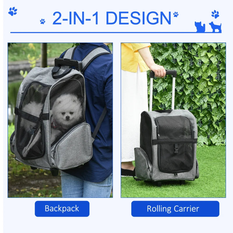 Grey Pet Travel Backpack with Trolley and Telescopic Handle