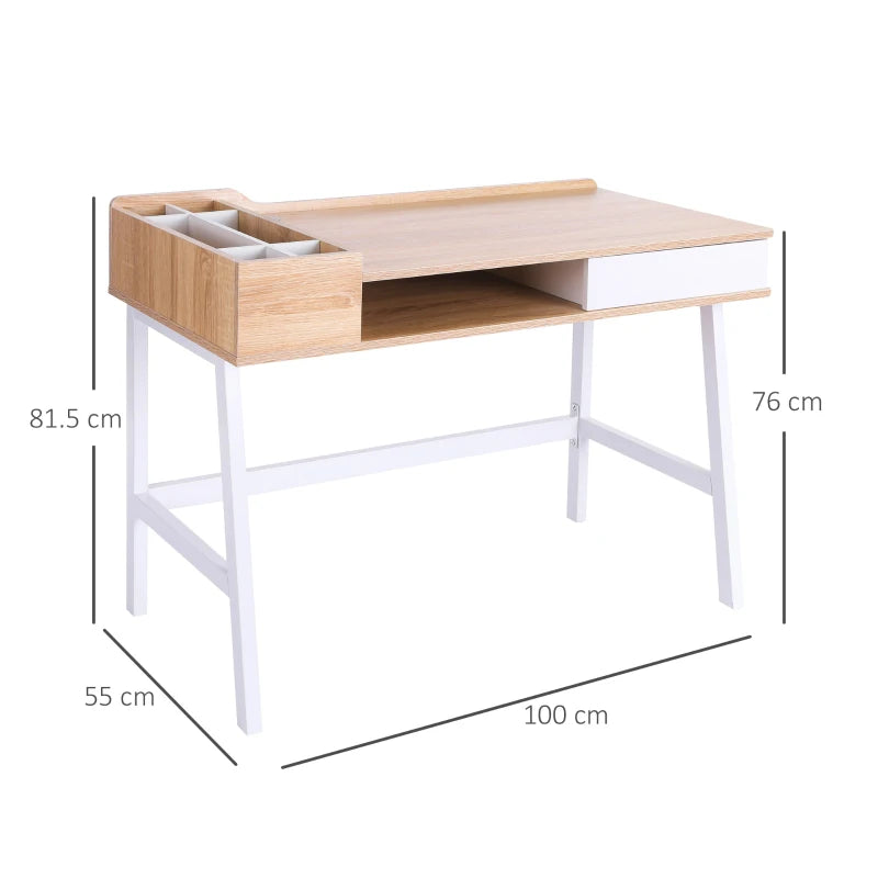 Oak and White Computer Writing Desk with Drawer and Storage Compartments