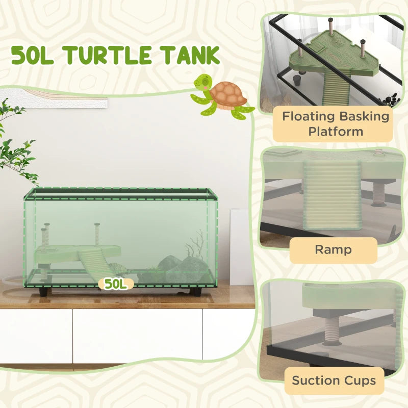 Glass Turtle Tank Aquarium with Basking Platform - 50L, Easy Drainage, Thermometer - Blue