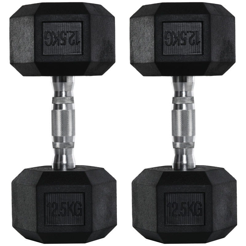 12.5kg Black Rubber Hex Dumbbell Set for Home Gym Workouts