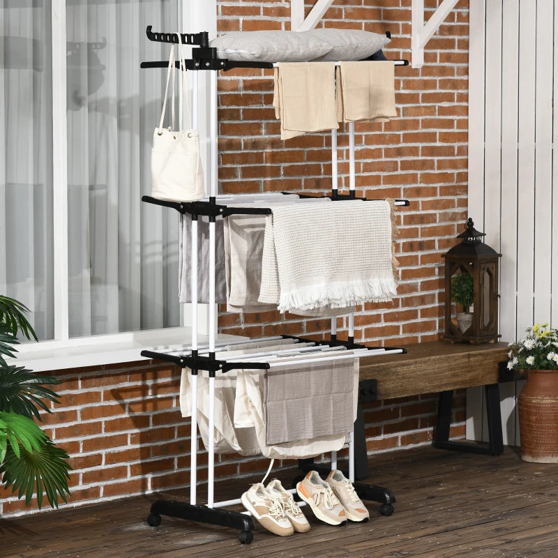 Black 4-Tier Foldable Steel Clothes Drying Rack with Castors