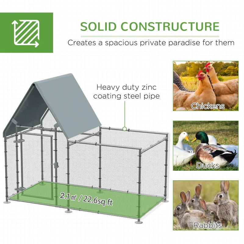 Galvanized Metal Chicken Run with Water-Resistant Cover, Large Outdoor Enclosure for 4-6 Chickens - 200 x 105 x 172cm