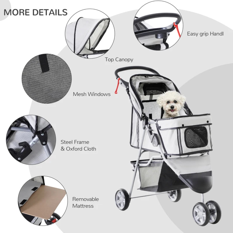 Grey Pet Travel Stroller for Small Dogs - 3-Wheel Puppy Carrier