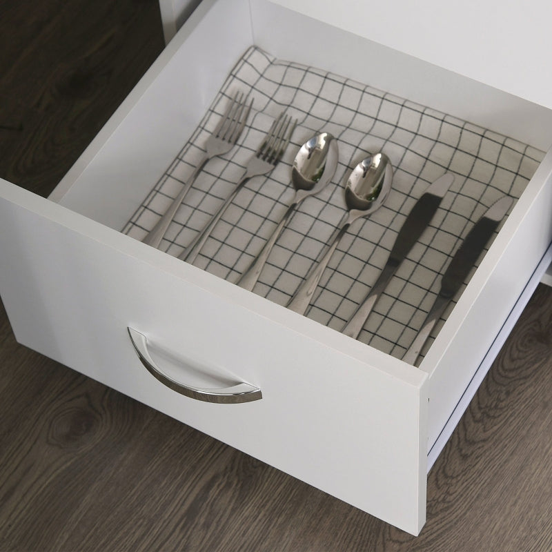 White Kitchen Storage Cabinet with Drawers and Shelves