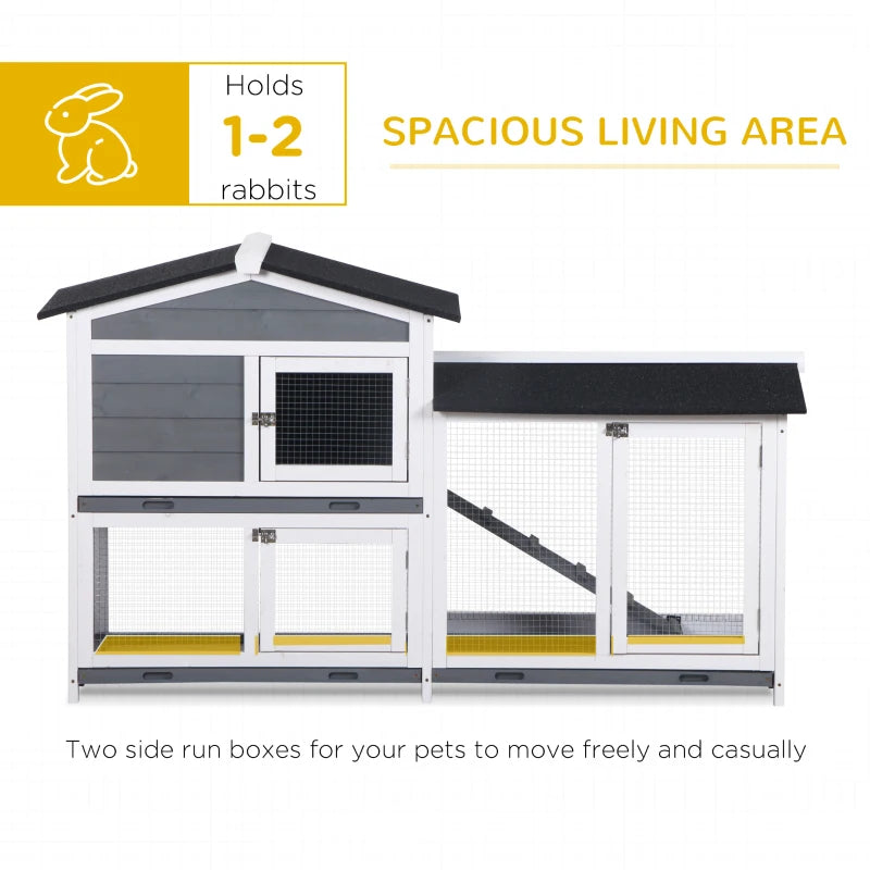 Grey 2-Tier Wooden Rabbit Hutch with Tray Ramp