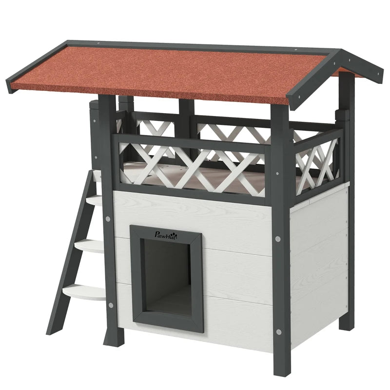 White Outdoor Cat House with Balcony and Stairs, 77 x 50 x 73 cm