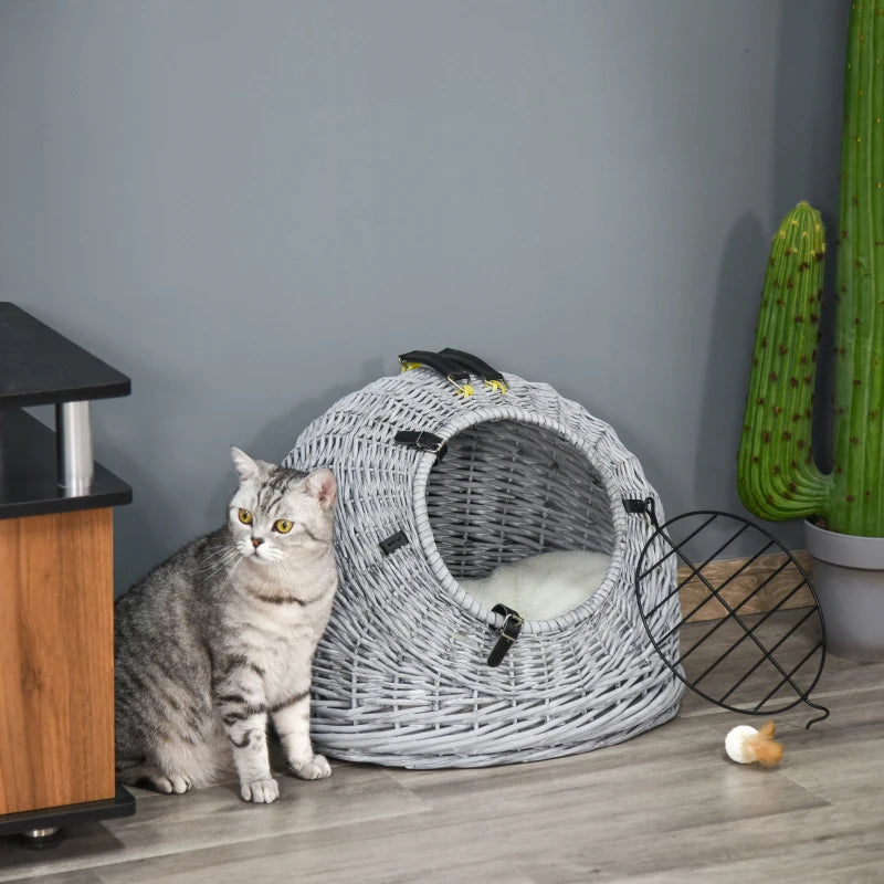 Grey Wicker Cat Travel Basket with Plush Cushion