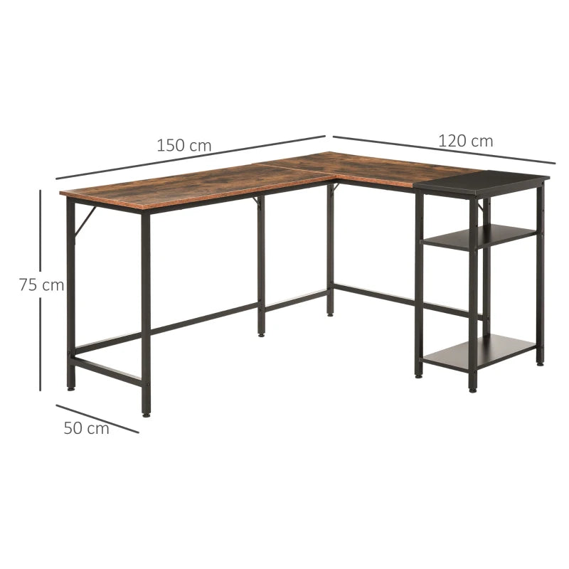 Rustic Brown L-Shaped Industrial Corner Desk with Adjustable Storage Shelf