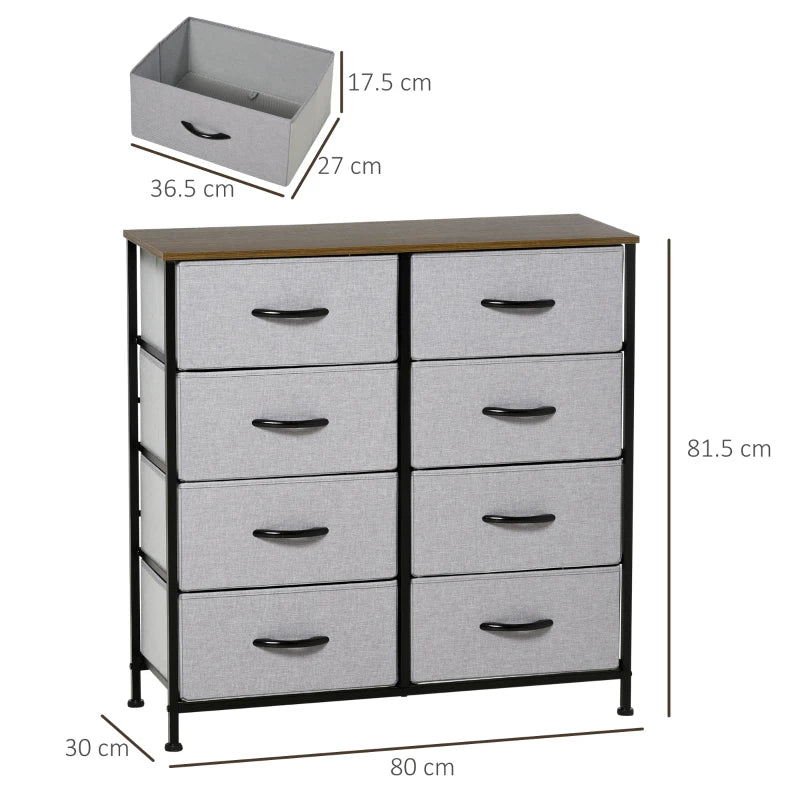 Grey Fabric 8-Drawer Industrial Dresser with Steel Frame and Wooden Top