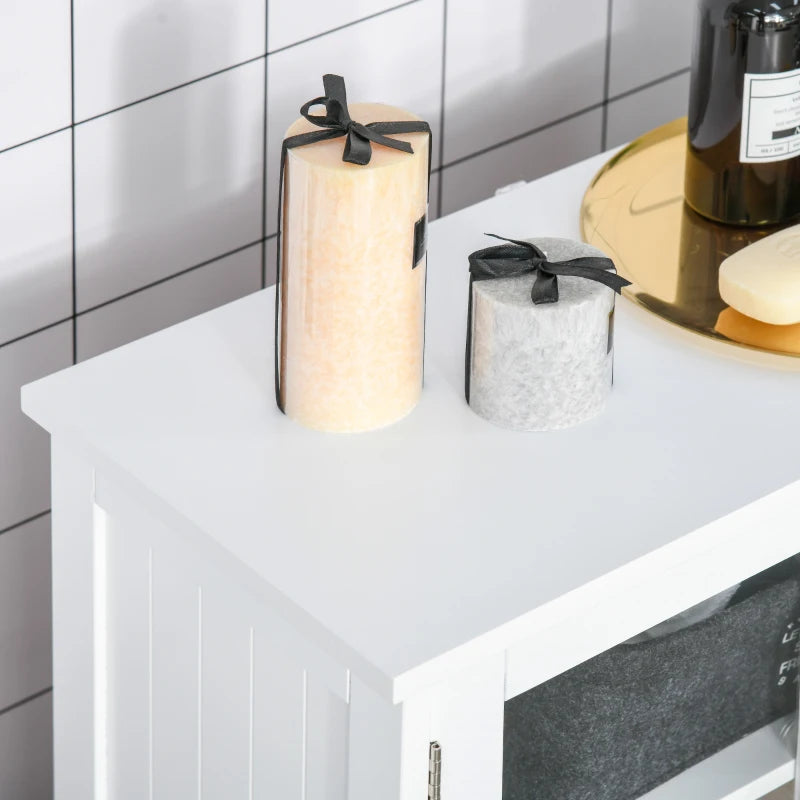 White Bathroom Storage Cabinet with Glass Doors & Adjustable Shelf