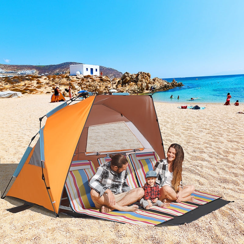 Blue Pop Up Beach Tent with Extended Porch and Mesh Windows