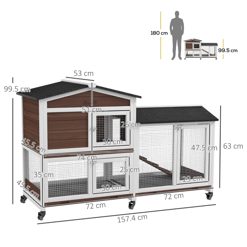 Brown Wooden Pet Hutch with Wheels - 2-Tier Run