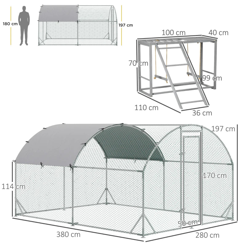 Large Chicken Run with Activity Shelf and Cover, 2.8 x 3.8 x 2m, Green